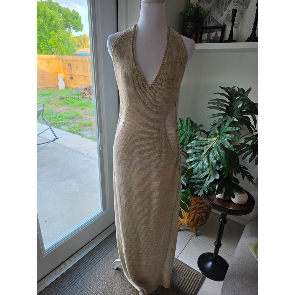 PrettyLittleThing Stone Knit Halter Cut Out Maxi Dress Beige Size M